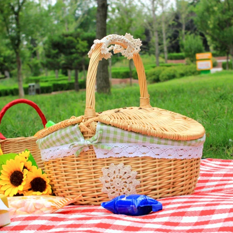 

Wicker Basket with Handle Double-Lid Large Camping Picnic Handmade Willow Weaving Storage Hamper Outdoor Fruit Holder Organizer