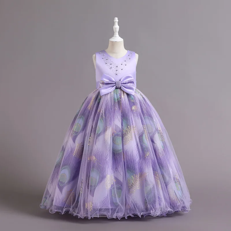 New Children Elegant Dress Young Girl Long Holiday Dresses Print Girl's Festive Clothes From 5 to 14 Years
