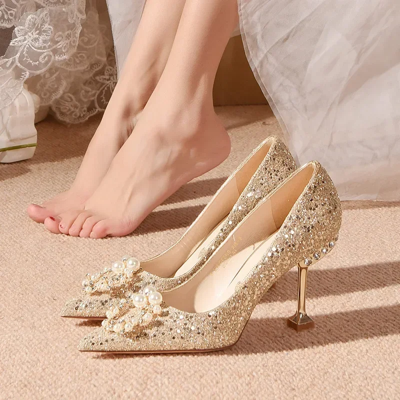 Women Shoes High Heels  Women Pumps Sequins High Heels Women Shoes Sexy Ladies Wedding Party Bow Tie Stiletto Heels