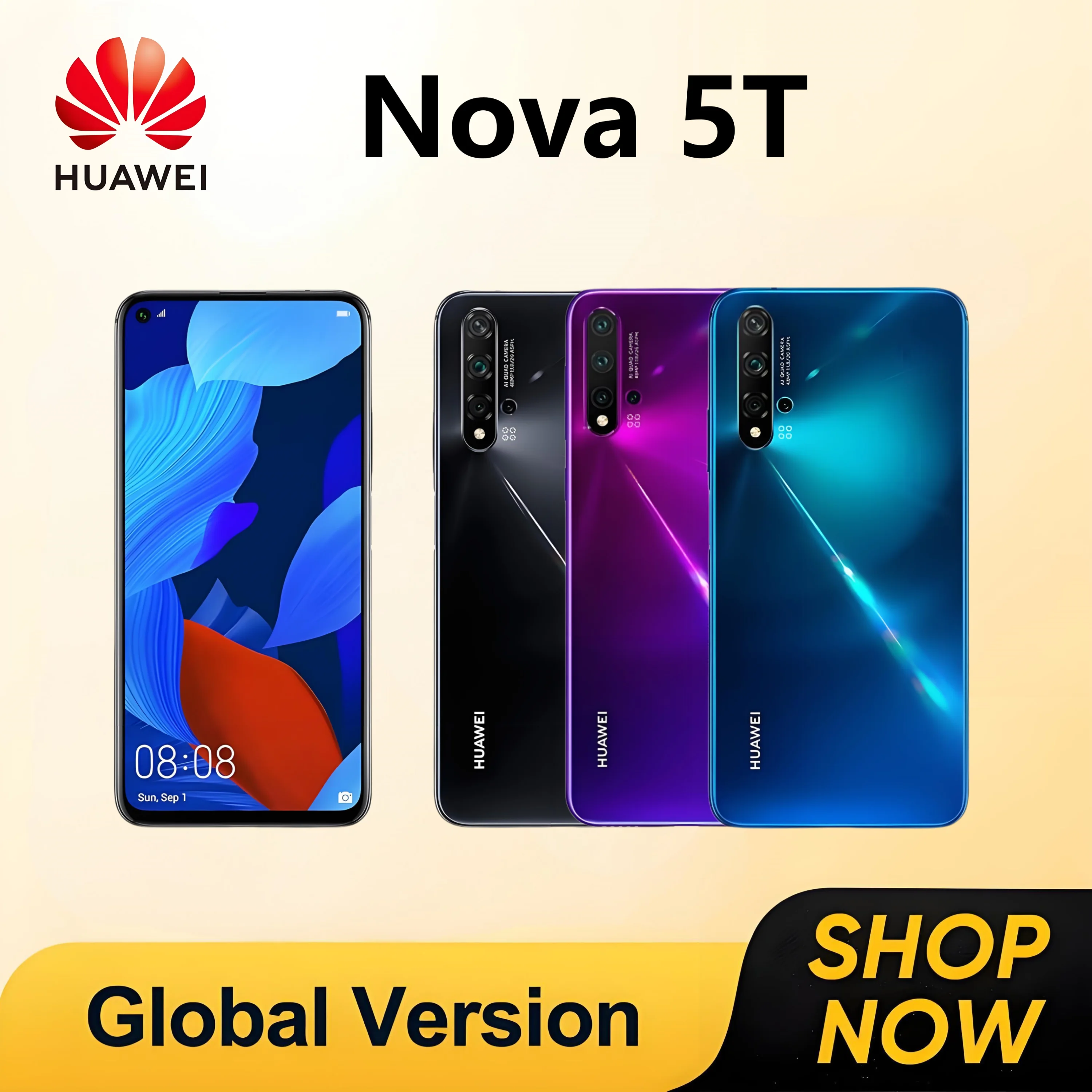 Global Version,HUAWEI-Nova 5T,Smartphone Android,6.26 inch,256GB ROM,Google Play Store,Mobile phones,48MP,4G Network,Cellphones