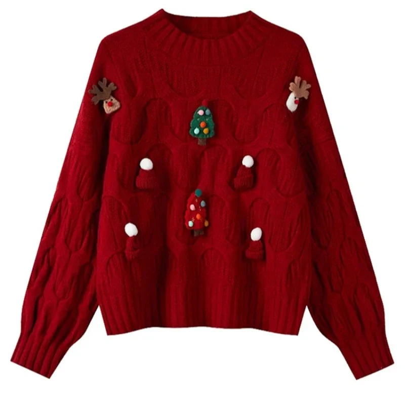 DAYIFUN Christmas 3D Decorative Knitted Sweater Women's Red Short Ladies Pullover Autumn/Winter Daily Casual Top