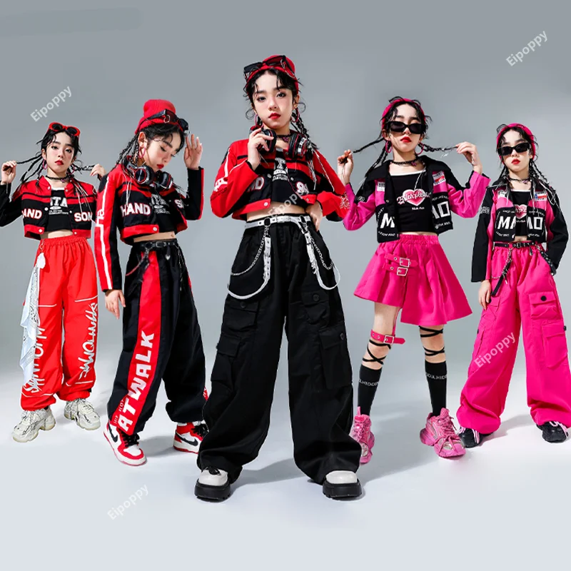 Girls Hip Hop Motorcycle Cropped Jacket Joggers Pants Child Coat Street Dance Skirts Clothes Sets Kids Streetwear Jazz Costumes