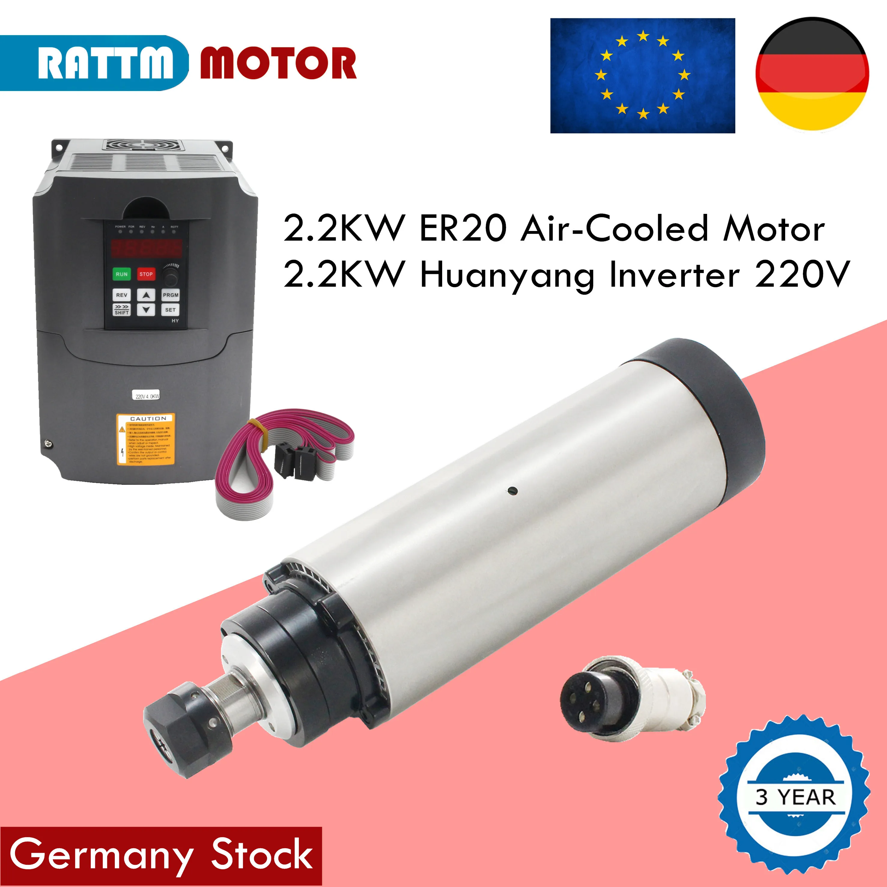 

【EU Stock】220v 2.2kw Air Cooled CNC Spindle Motor ER20 4 bearing ER20 Collet & 2200w VFD / Inverter for wood Milling