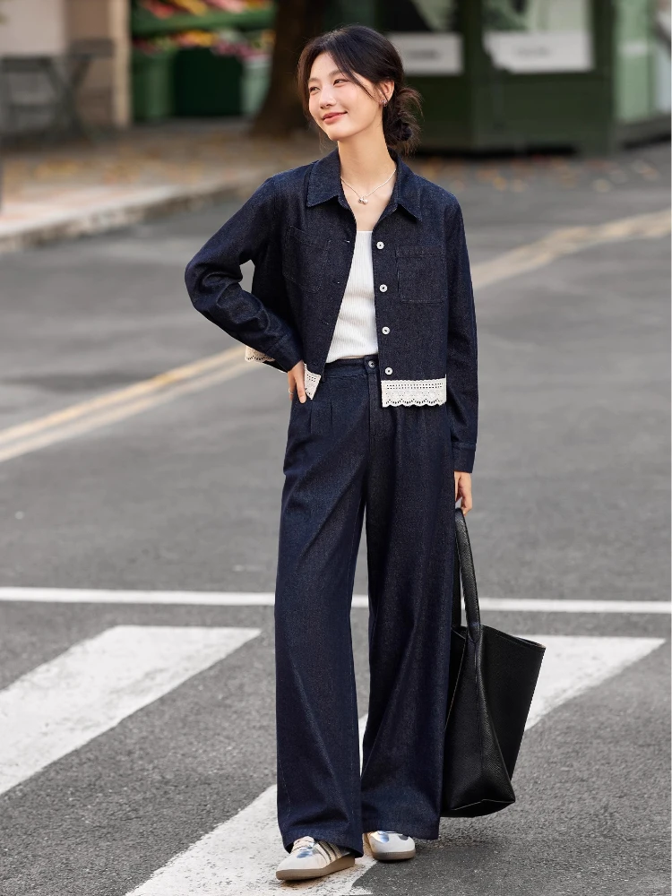 

VIMLY Women's Autumn Trouser Denim Pants Sets 2025 Elegant Lace Spliced Hem Polo Neck Coats Wide Legs Pants Two-piece Set A2366