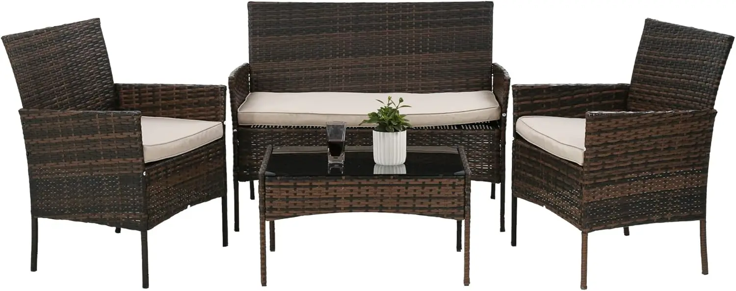 Set furnitur teras 4 buah, Set furnitur luar rotan, Sofa anyaman taman, dengan bantal lembut dan meja kaca