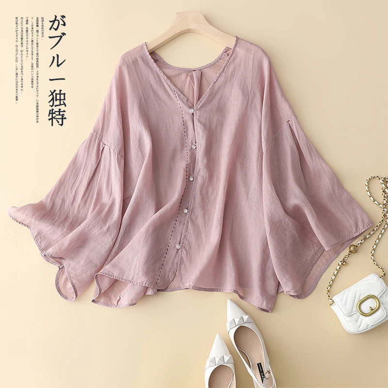 

Женские розовые, белые рубашки-кимоно с расклешенными рукавами, блузки, весна-лето, повседневный свободный кардиган на пуговицах с v-образным вырезом, хлопковые льняные топы в стиле бохо