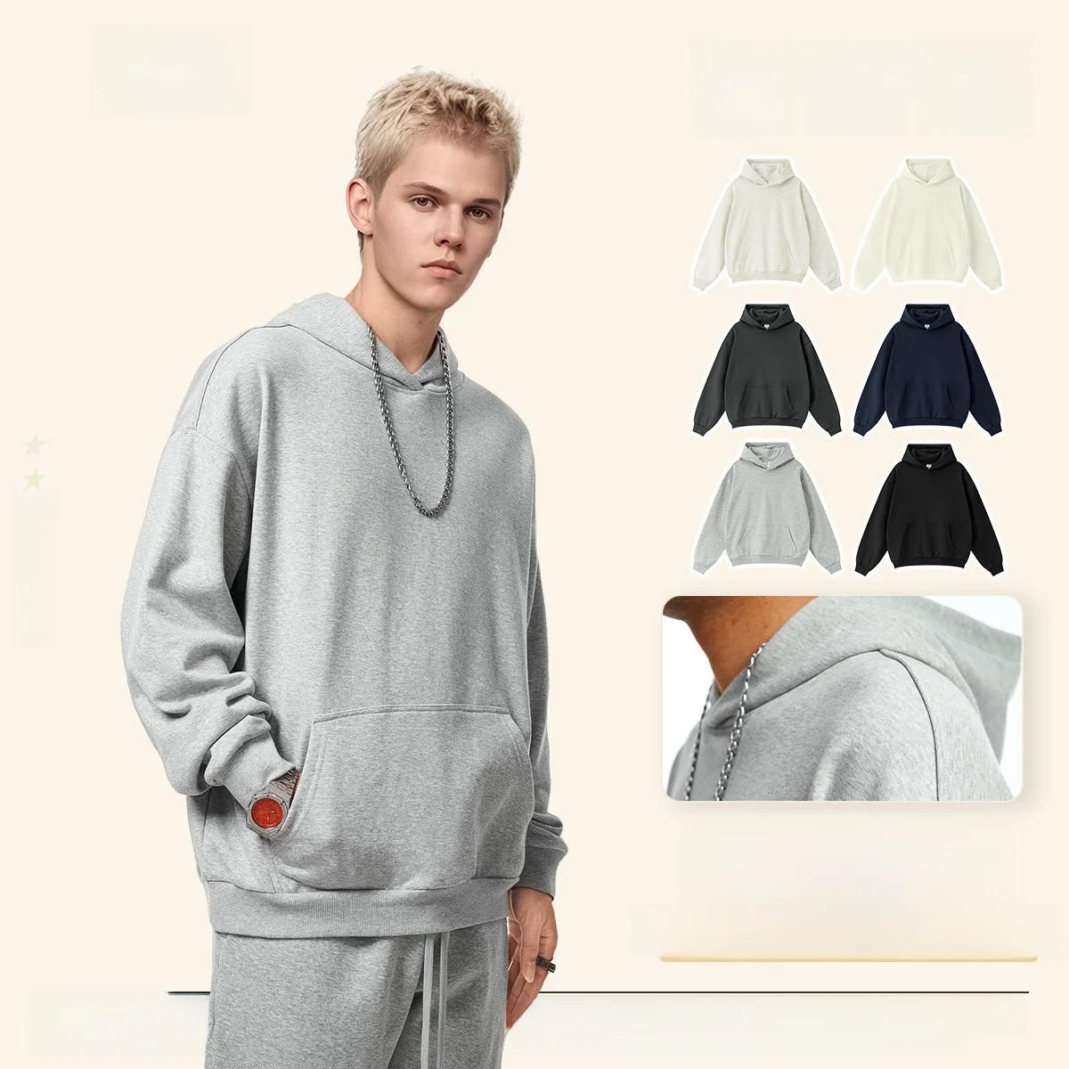 

Loose Fit Hoodie Sweatirt Men's American Sle Autumn Trendy Pure Color Crew Ne Thiened Cotton Fabric No Brand