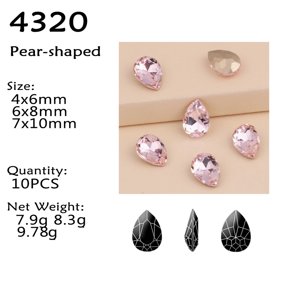 10 pezzi rosa chiaro pera pietre fantasia strass forniture per nail art cristalli di diamanti K9 punto di vetro posteriore strass accessori fai da te