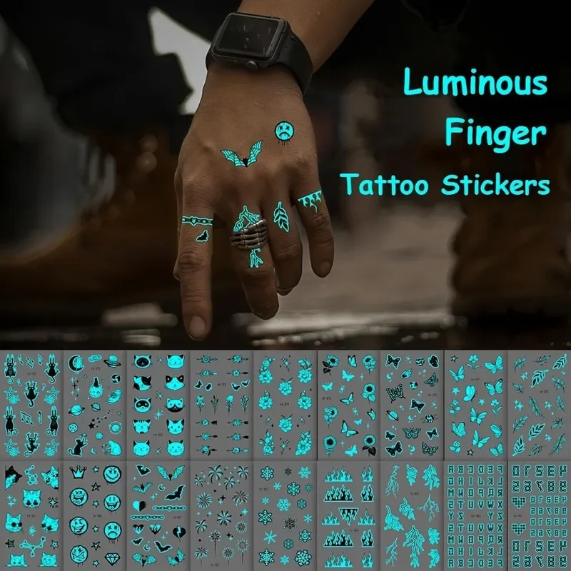 

10 Sheets Blue Luminous Tattoo Sticker Butterfly Letter Cat Glowing Temporary Tatoo Small Finger Wrist Fake Tatto For Women Men