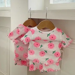 2024 summer new girls outside short-sleeved floral suit baby summer two-piece set of foreign style Korean version pajamas