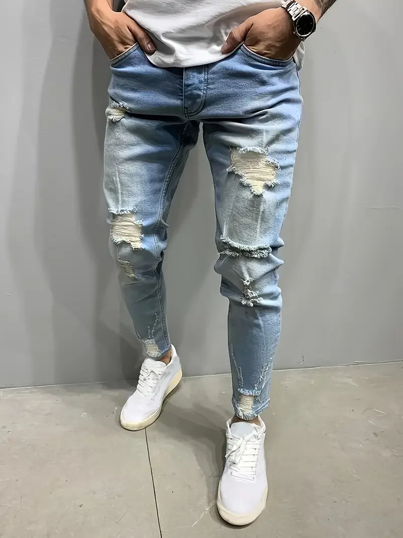 

Men's Slim Fit Ripped Jeans, Casual Street Style with Medium Stretch Denim, Light Blue Distressed Design, Versatile for All Seas