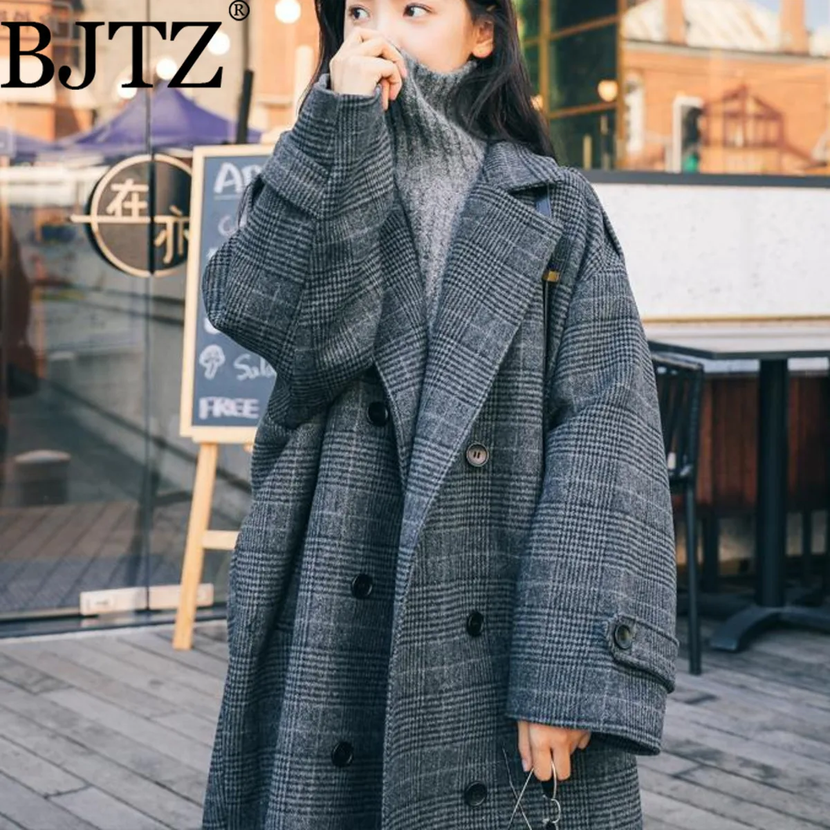 BJTZ Manteau Ample Carreaux Rétro Pour Femme، نسخة نوفيل كورين، وضع Ample، نمط هيبورن فرانساي، Mi-long، Automne
