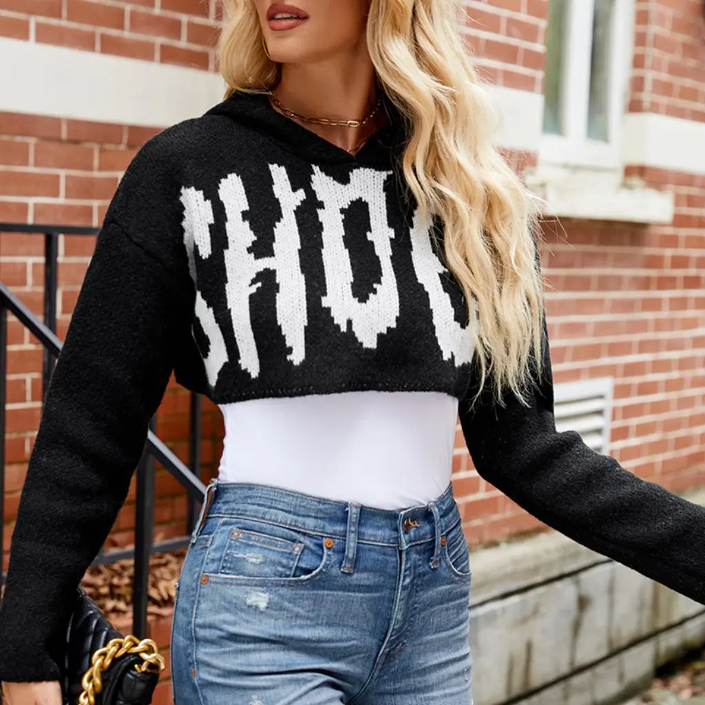 

Women's Casual Halloween Sweater Alphabet Jacquard Long-sleeved Hoodie Pullover Short Knitted Top European American Style