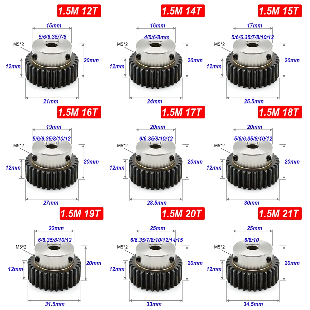 1.5 M Mod ingranaggio cilindrico 12/14/15/16/17/18/19/20/21/22/23T pignone ingranaggi motore accessori di trasmissione 45 # denti in acciaio