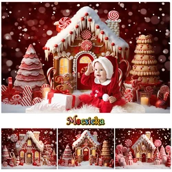 Mocsicka Red Christmas Party Background Photography Newborn Kids Portrait Sweet Candy House Glitter Snowflake Decor Photo Studio