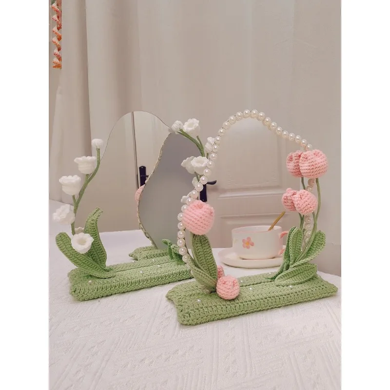 Woven Tulip Linglan Bouquet Makeup Mirror Desktop Decoration Wool Crocheted Girlfriend Gifts