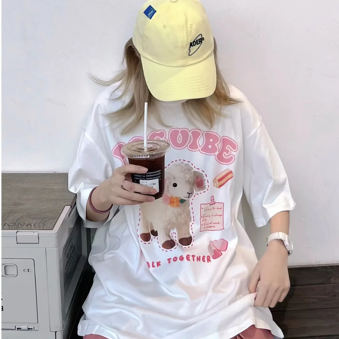 Cute Lamb Loose Print Women T-shirt Harajuku Casual Round Neck Short Sleeves T Shirt Female 2025 Spring and Summer Clothing Top