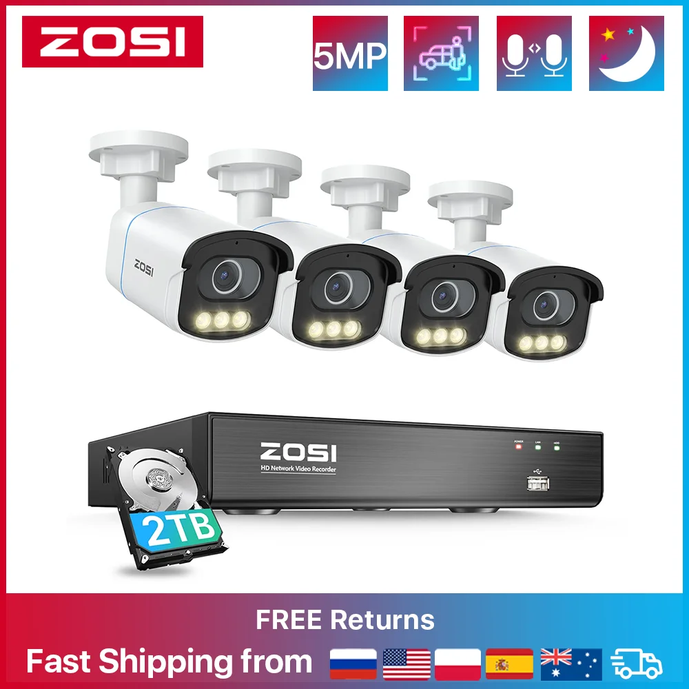 ZOSI 8CH 5MP AuroraLux PoE Security IP Camera System With True Color Night Vison 4K CCTV NVR Kit Outdoor Video Surveillance Set