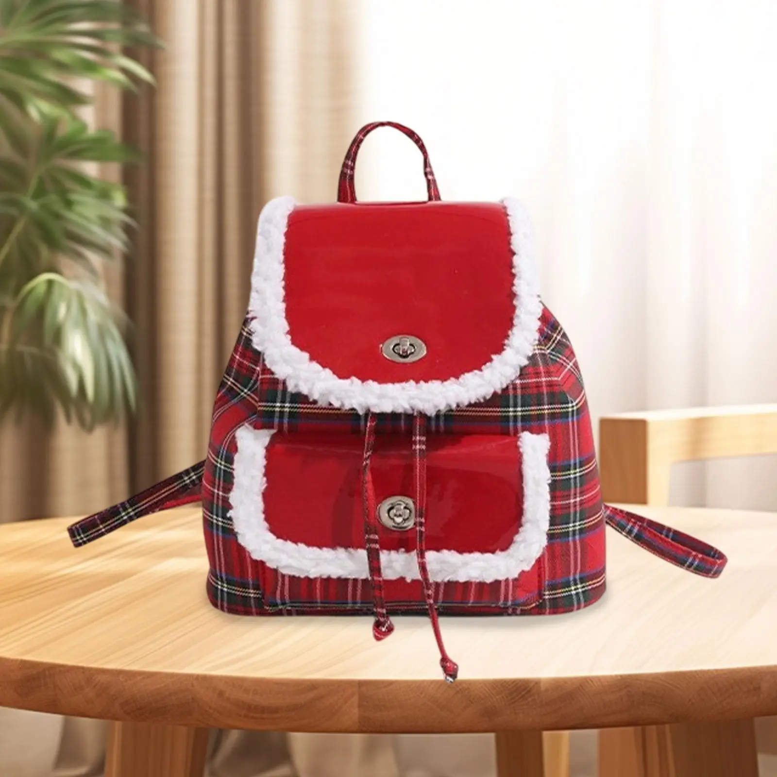 Red Plaid Backpack Fashionable Daypack for Traval Festive Shopping Dating