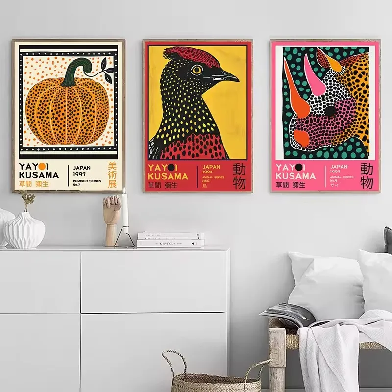 Abstract Yayoi Kusama Retro Flower Animal Pumpkin Art Poster Colorful Canvas Printing Living Room Museum Gallery Decoration