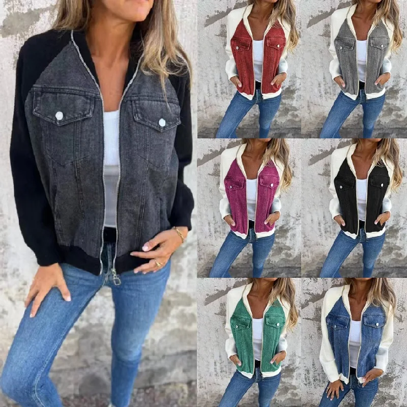 ﻿ Women Autumn Winter Denim Stitching Jackets Ladies Casual Long Sleeve Zipper Outerwears Coats