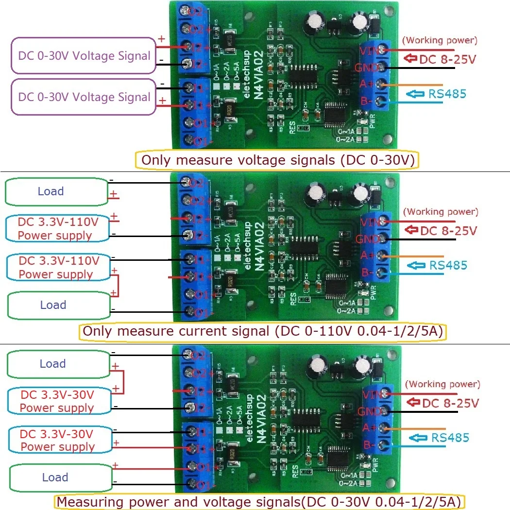 RS485 Multifunctional Ammeter & Voltmeter 0-30V Voltage & 0-5A Current Measurement Module Modbus RTU DIY N4VIA02