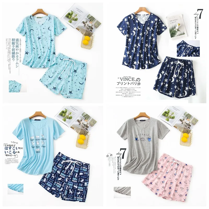 

Summer New Ladies Soft Cotton Pajamas Suit Comfortable Casual Loosen Short-sleeved Shorts Two-piece Home Service Set Women