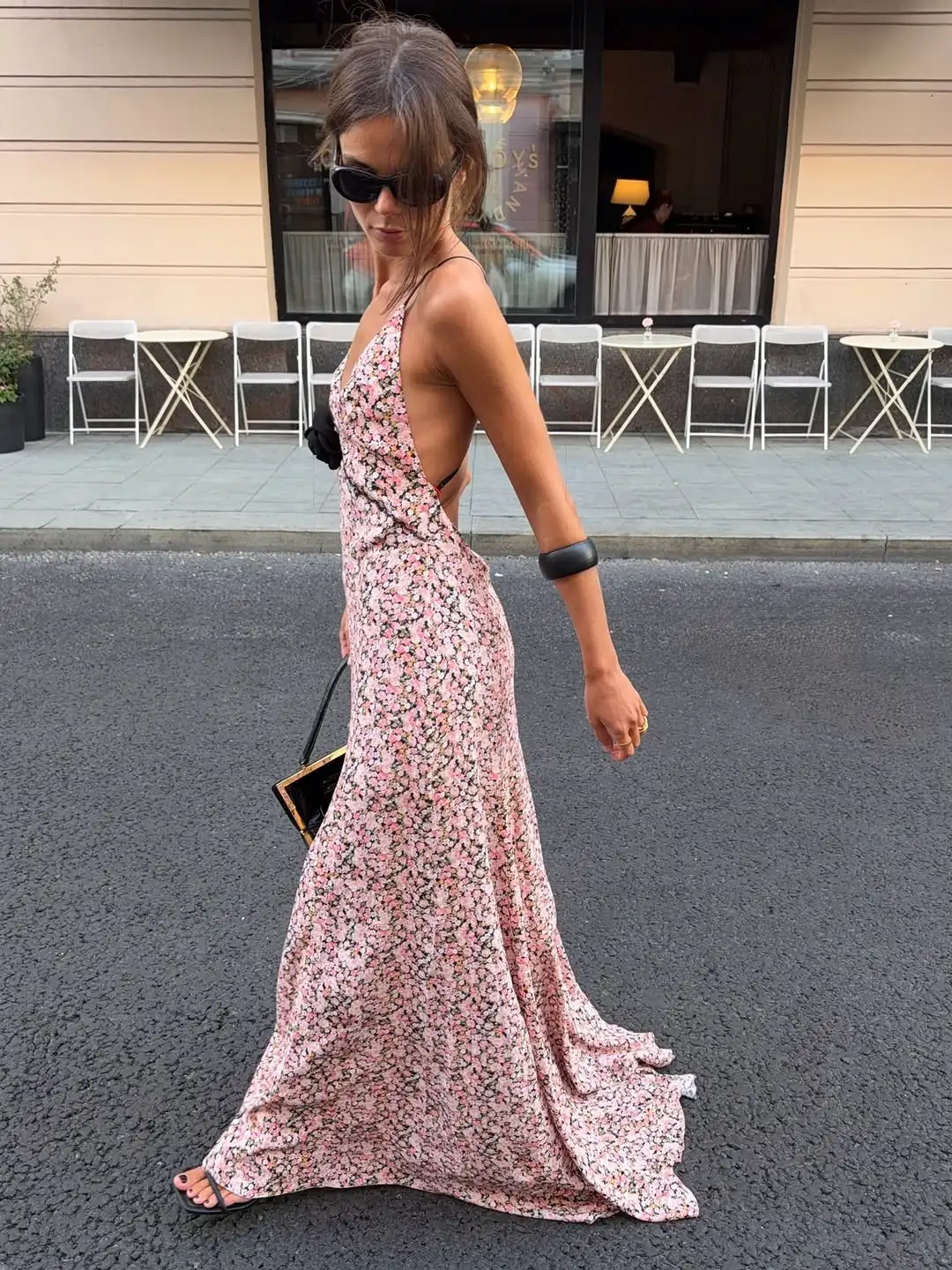 Pink Ditsy Floral Satin Maxi Dress Spaghetti Strap Deep V Neck Front Black Rose Detail Ruffle Hem Women Street Vacation Dress