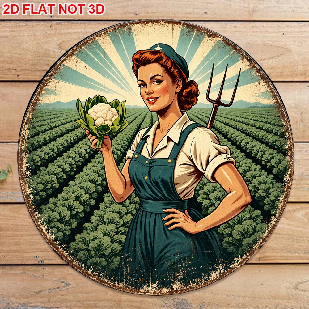 2D Flat, 1pc 8x8in/20x20cm 2D Flat Round Sign, Vintage Farmer Displaying Cauliflower 2D Flat Round Sign, Farm Life Decorative Si