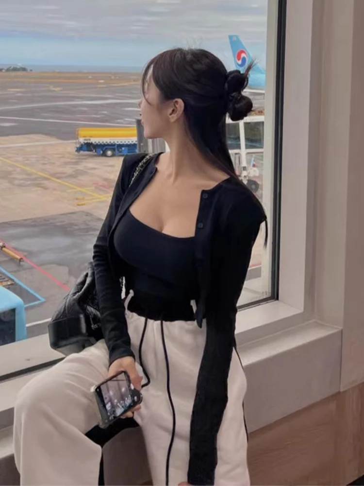 

Spring Chic Slimming Long Sve Single Button Cardigan And Crop Top Two Piece Set Pure Desire Sle Women's Faion Ensemble