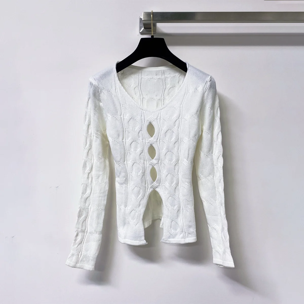 2026 High Quality Women's V-neck Twisted Flower Hollow Long Sleeve Knitted Hoodie--hb813