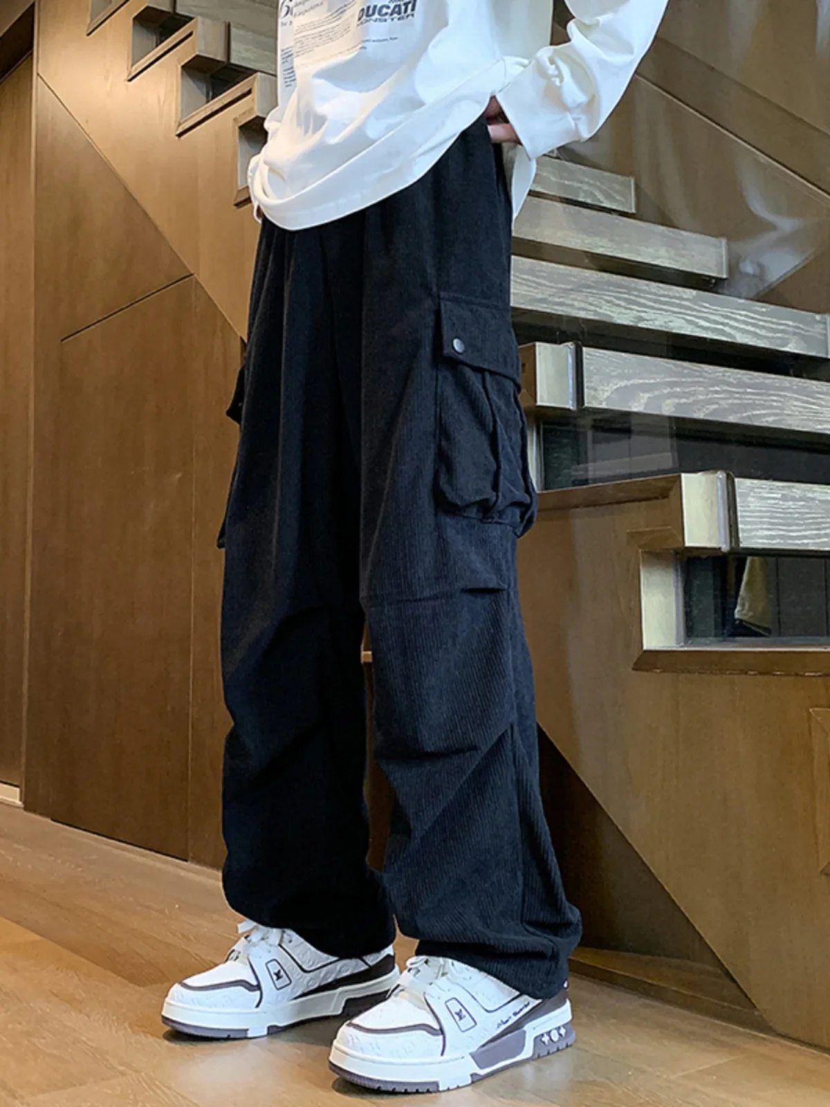 

Folded Paratrooper Workwear Pants Men's Spring Autumn Loose Corduroy Straight Leg Casual Long Trousers Faionable Vintage Am...