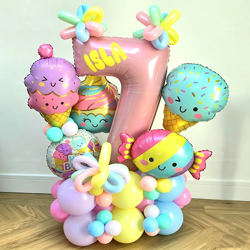 64pcs Ice cream cone candy Balloons with 40inch Pink Number Candy Dessert Food theme Aluminum Film Balloons Birthday Party Decor