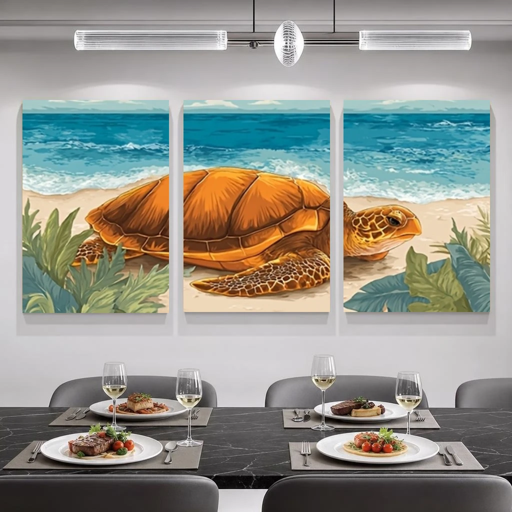2D Flat, 3pcs Sea Turtle Wall Art Prints - Modern Minimalist Orange on Sandy Beach & Blue Ocean Frameless Suitable for Living