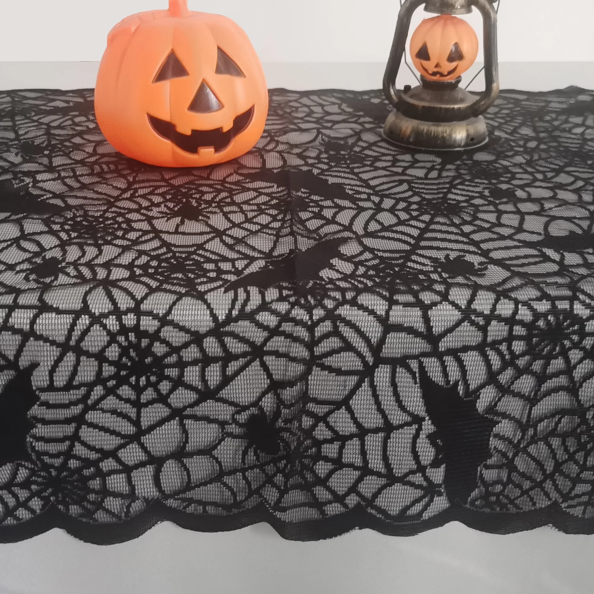 Halloween spider web, bat bug, black cut-out lace warp knitted tablecloth, rectangular polyester party decoration tablecloth