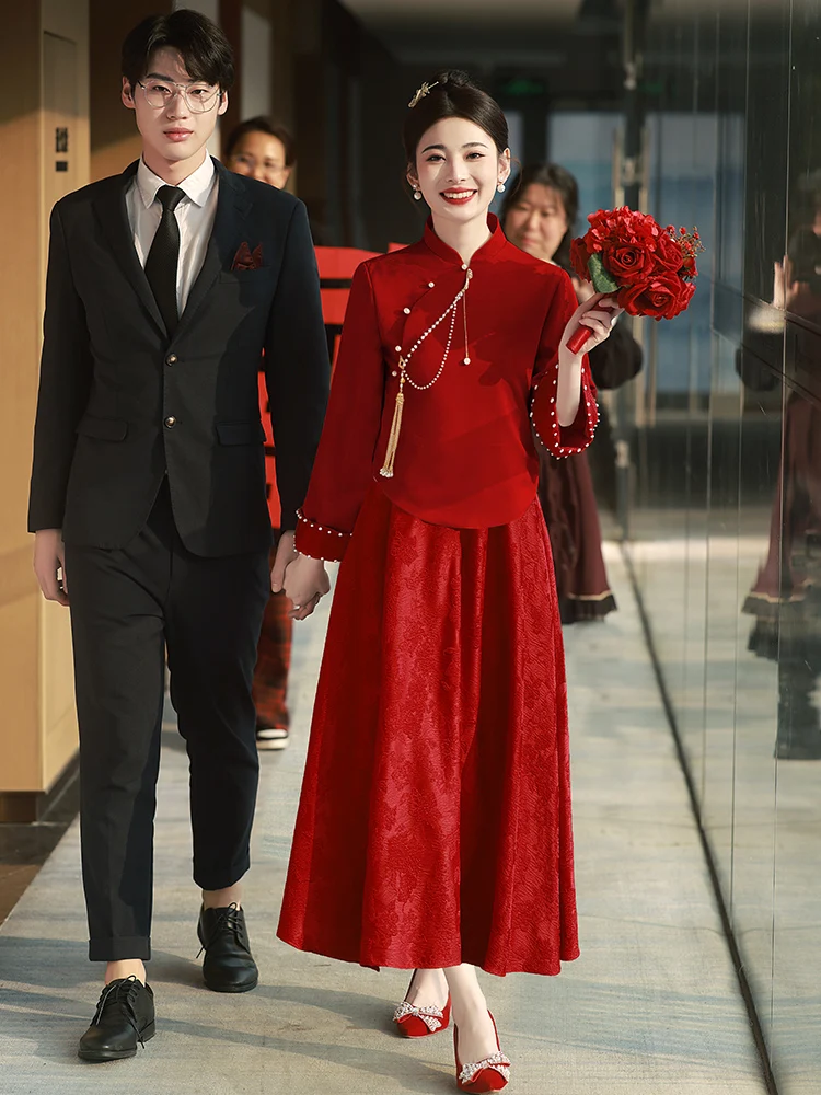 

New Chinese Sle Long Sve Pregnant Women Engagement Ceremony Red Dr Large Size Cover Belly Autumn Winter