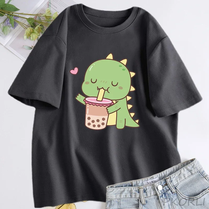 

Cute Dino Love Boba Tea T-shirt Womens Clothing Cotton Tshirt Funny Bubble Tea Woman Graphic T Shirts Summer Top Streeetwear