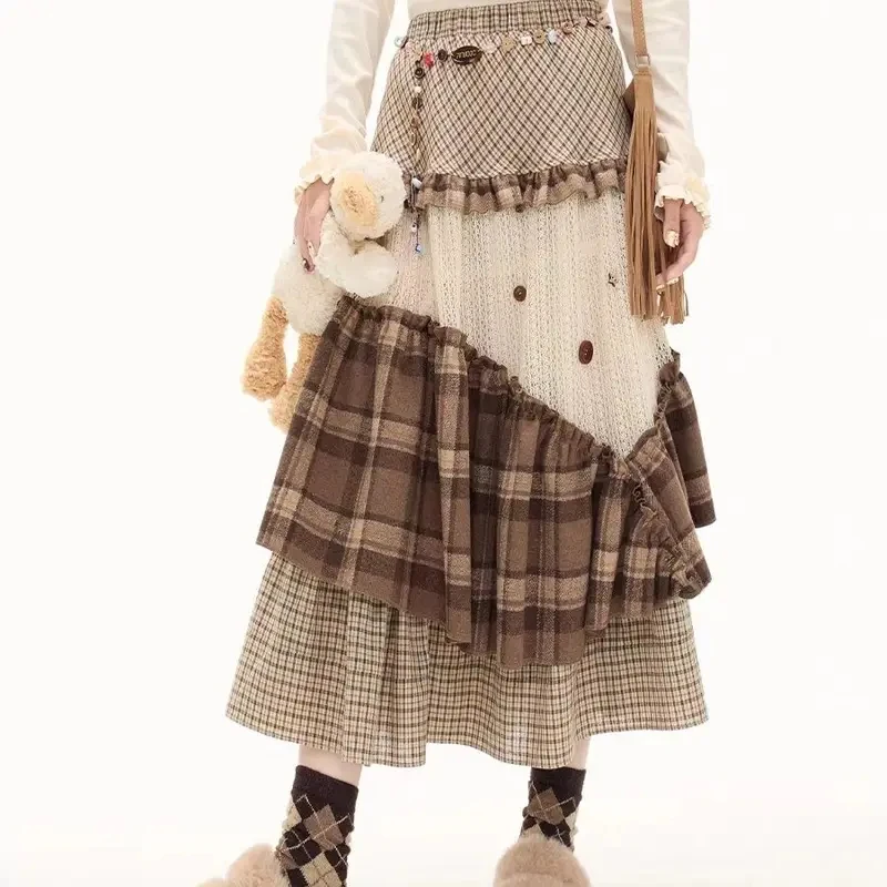 

High Quality Chic Boho Vintage-Inspired Patchwork Plaid Midi Skirt: Eclectic Design for Youthful Spirits Bohemian Sweet Girls