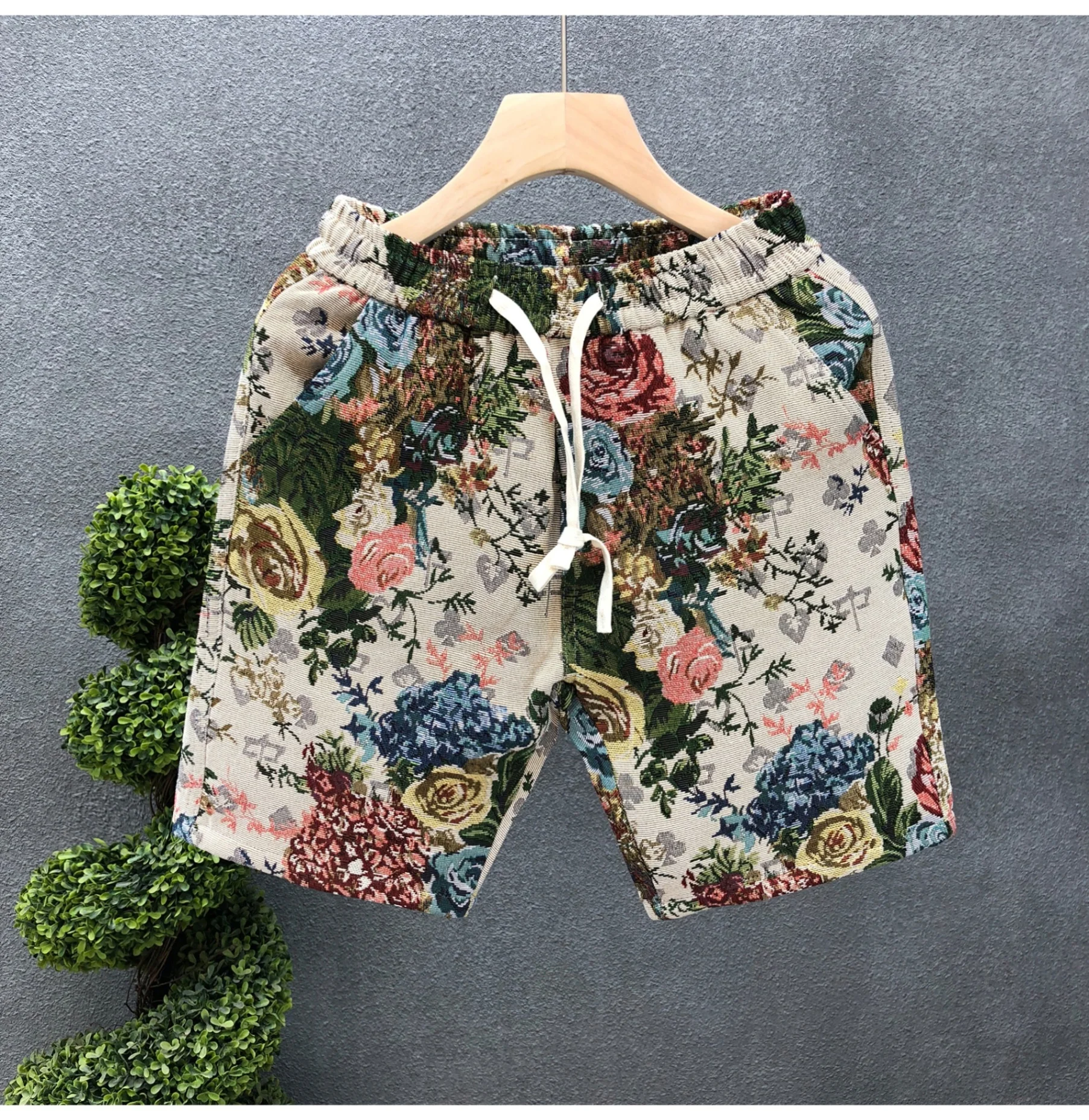 

2026 Summer New Boutique Flower Cotton Linen Men's Casual Beach Shorts Men's Comfortable Breathable Leisure Five-point Pants