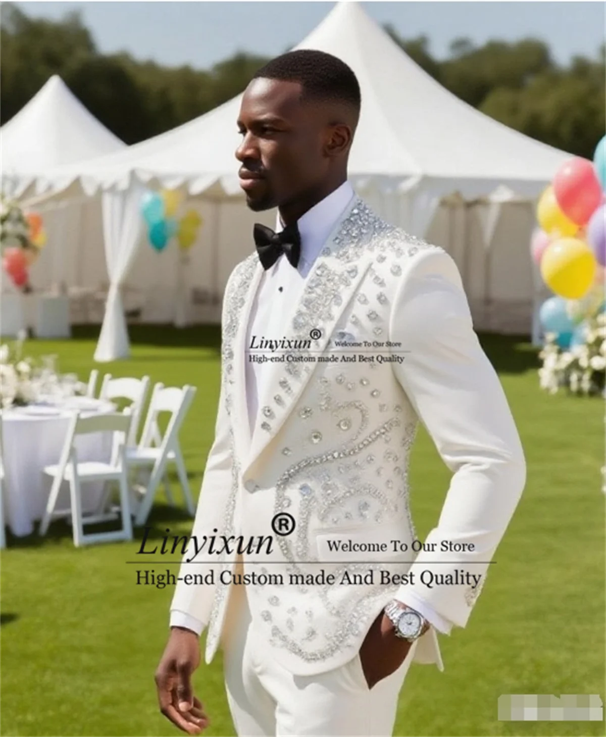 Glitter Daimond Beaded Wedding Suit For Men 2 Pieces Sets Costume Homme Customized Groom Slim Fit Business Male Party Blazer