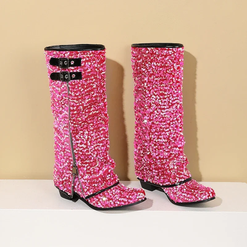 2024 Polka Dot Sequin Circle Glitter Greet Fabric Flipped Zipper Double Breasted Novelty Mid-Calf Boots Bling Reflective Boots