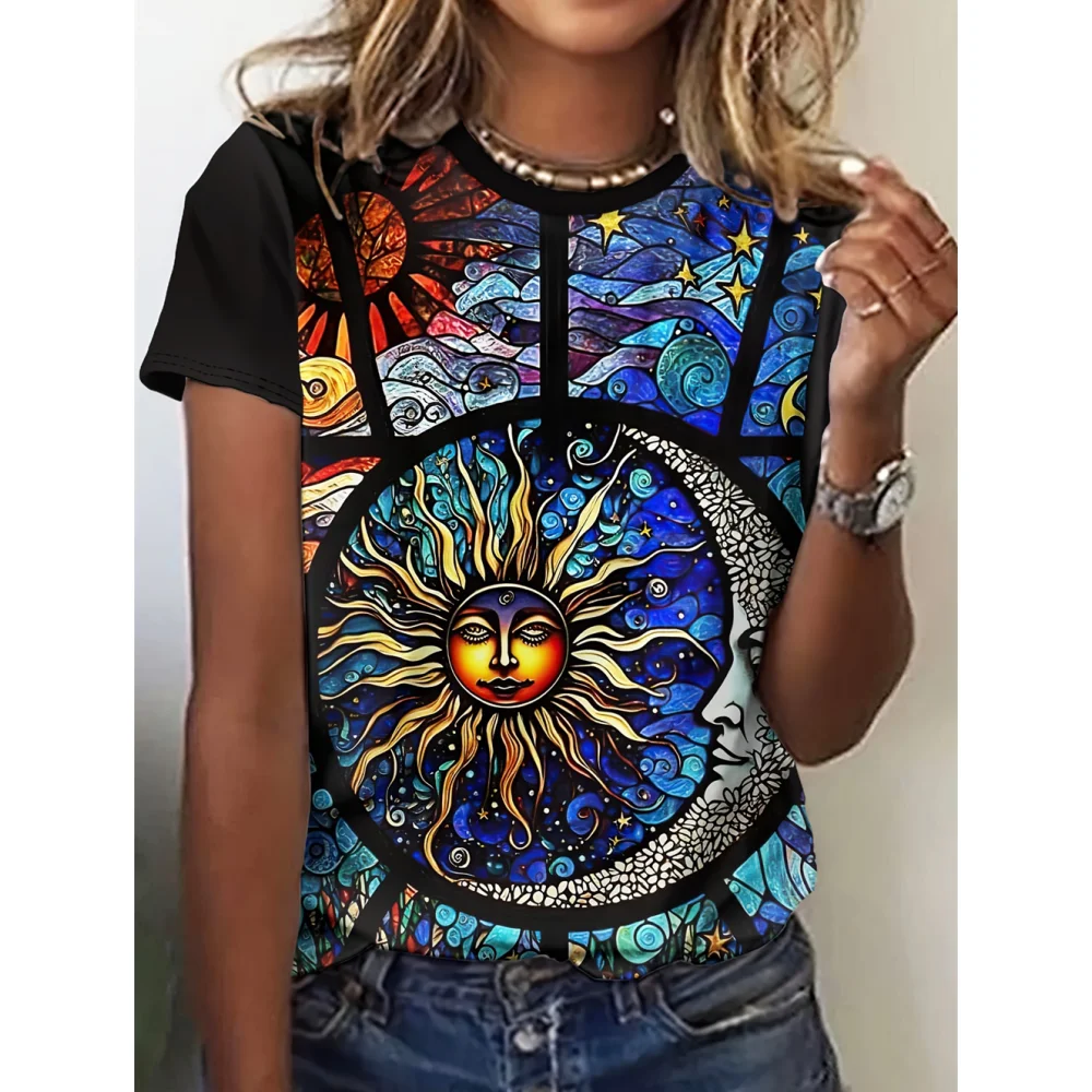 

Oil Painting Sun God Pattern T-Shirt Women Fashion Short Sleeve Women Clothing Casual T Shirt For Women Daily Tops Summer