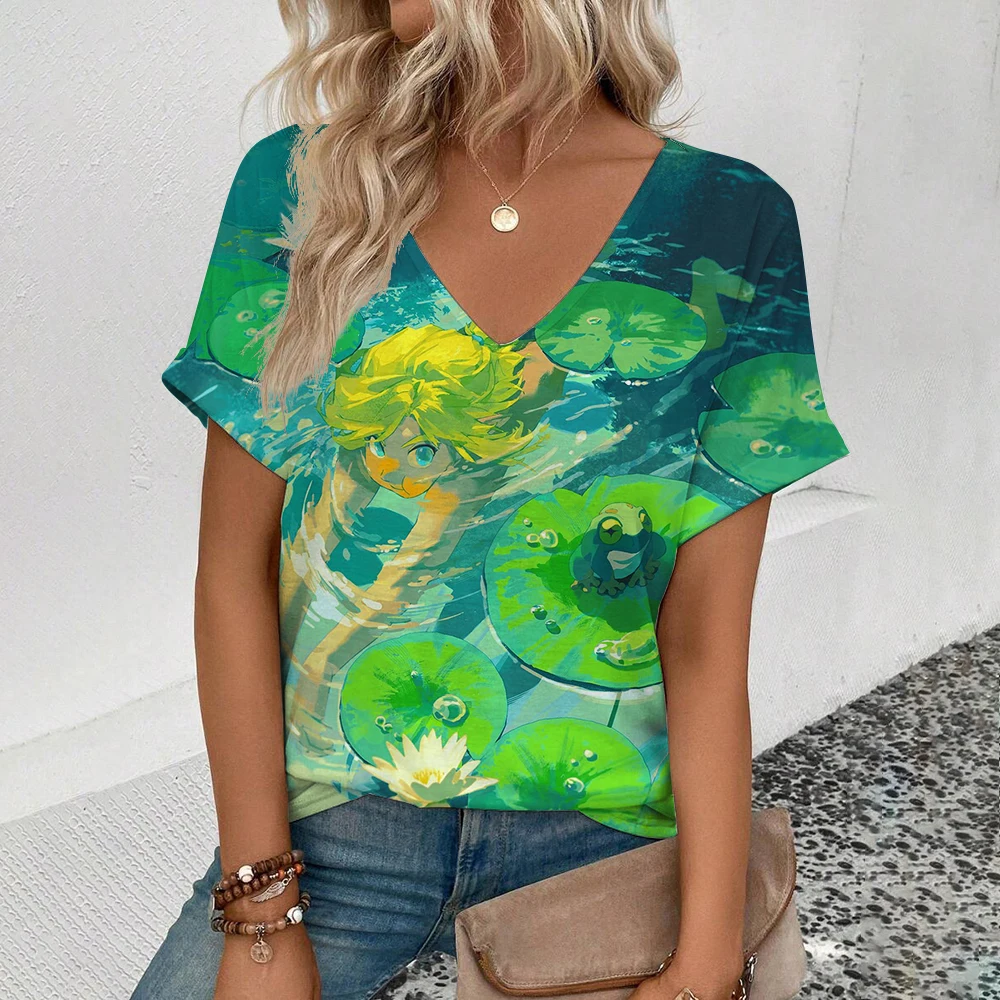 Summer Pond Lotus 3D Print T-shirt Women Streetwear Casual T Shirts Y2k Tops Woman Harajuku V-Neck Tees Oversized Clothing