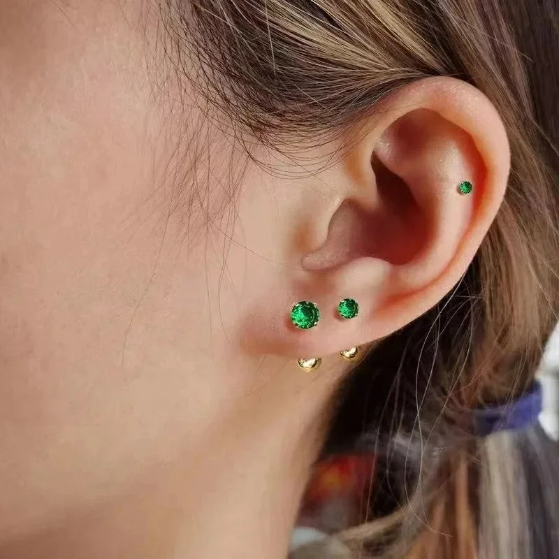 2Pcs Stainless Steel Green Zircon Ear Studs Earrings For Women Helix Tragus Round Small Cartilage Earring Body Piercing Jewelry