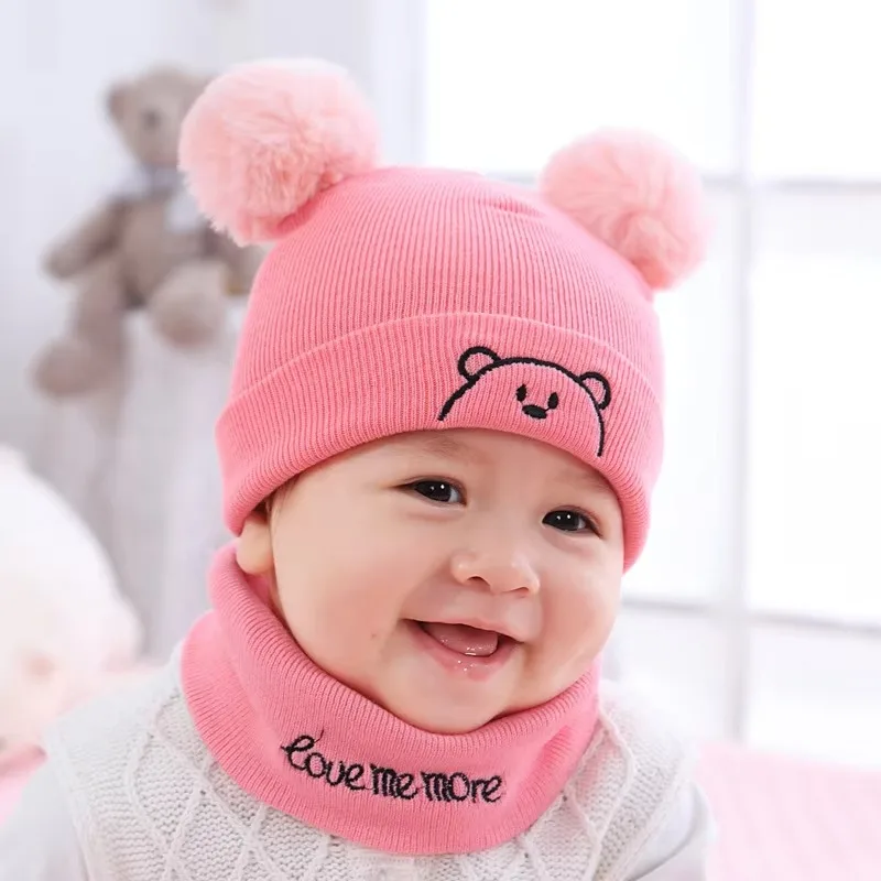 2pcs Winter Baby Hat Scarf Set Toddler Girl Boy Knitted Beanie with Fur Ball Cartoon Bear Snow Outfit Infant Accessories