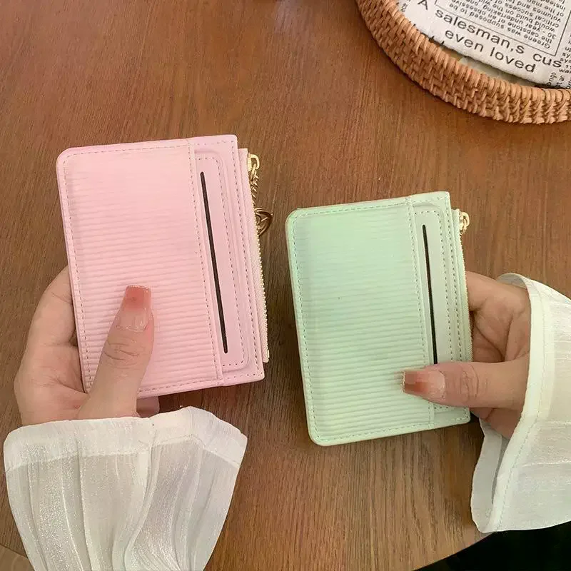 Striped PU Leather Card Holder Multiple Card Slots Zipper Pocket Keychain Stylish Slim Wallet Perfect Birthday Gift for Her