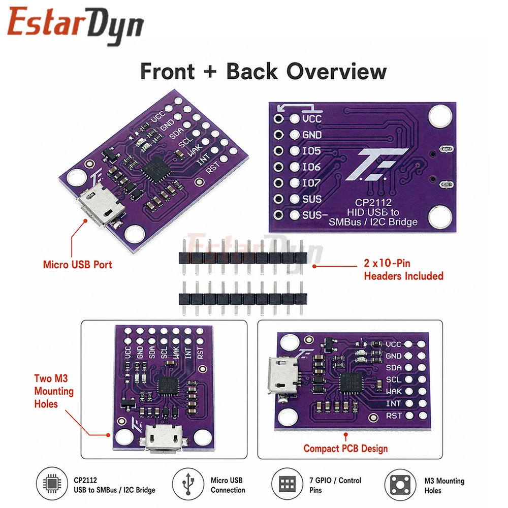 Estardyn CP2112 Debug Board USB to I2C SMBus Communication Module Micro USB 2.0 Evaluation Kit for CCS811 Sensor