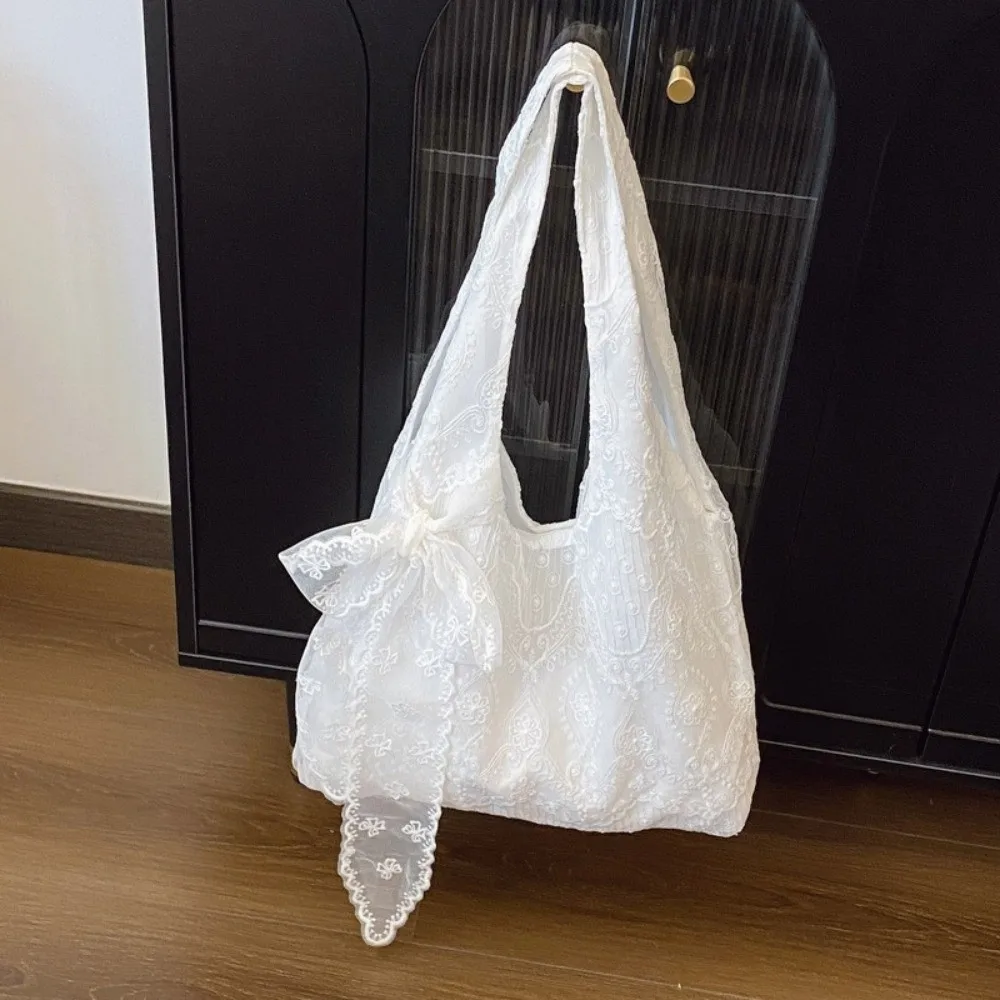 

Shopping Embroidery Lace Shoulder Bag With Ribbon Korean Style Canvas Handbag Tote Bag Vest Bag Large Capacity Bag Women