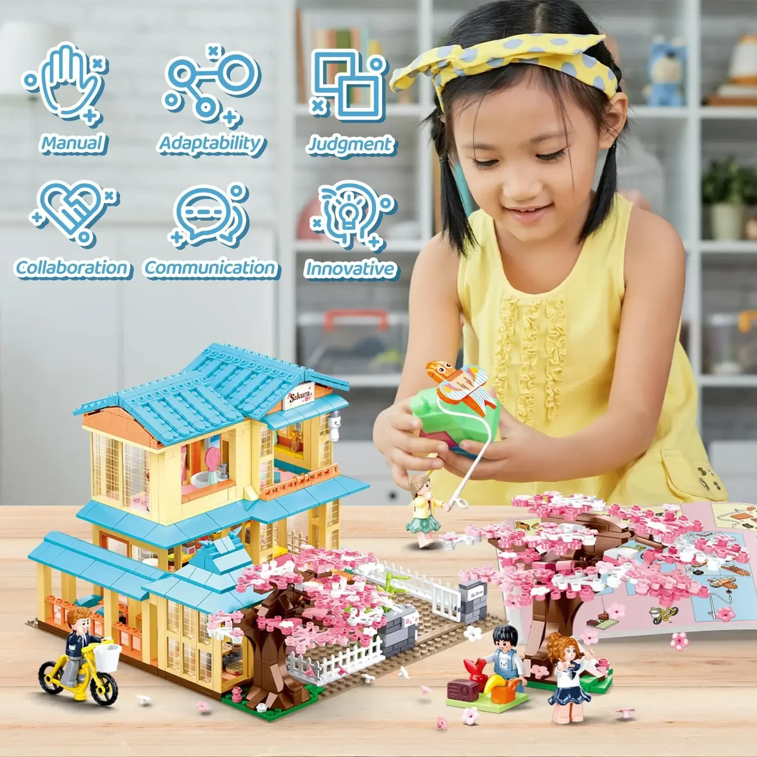 Bloques de construcción de casa de estilo japonés, casa de cerezo, ciudad, Streetview, modelo de ladrillos, decoración de escritorio, juguete para regalo DIY, 1029 Uds.