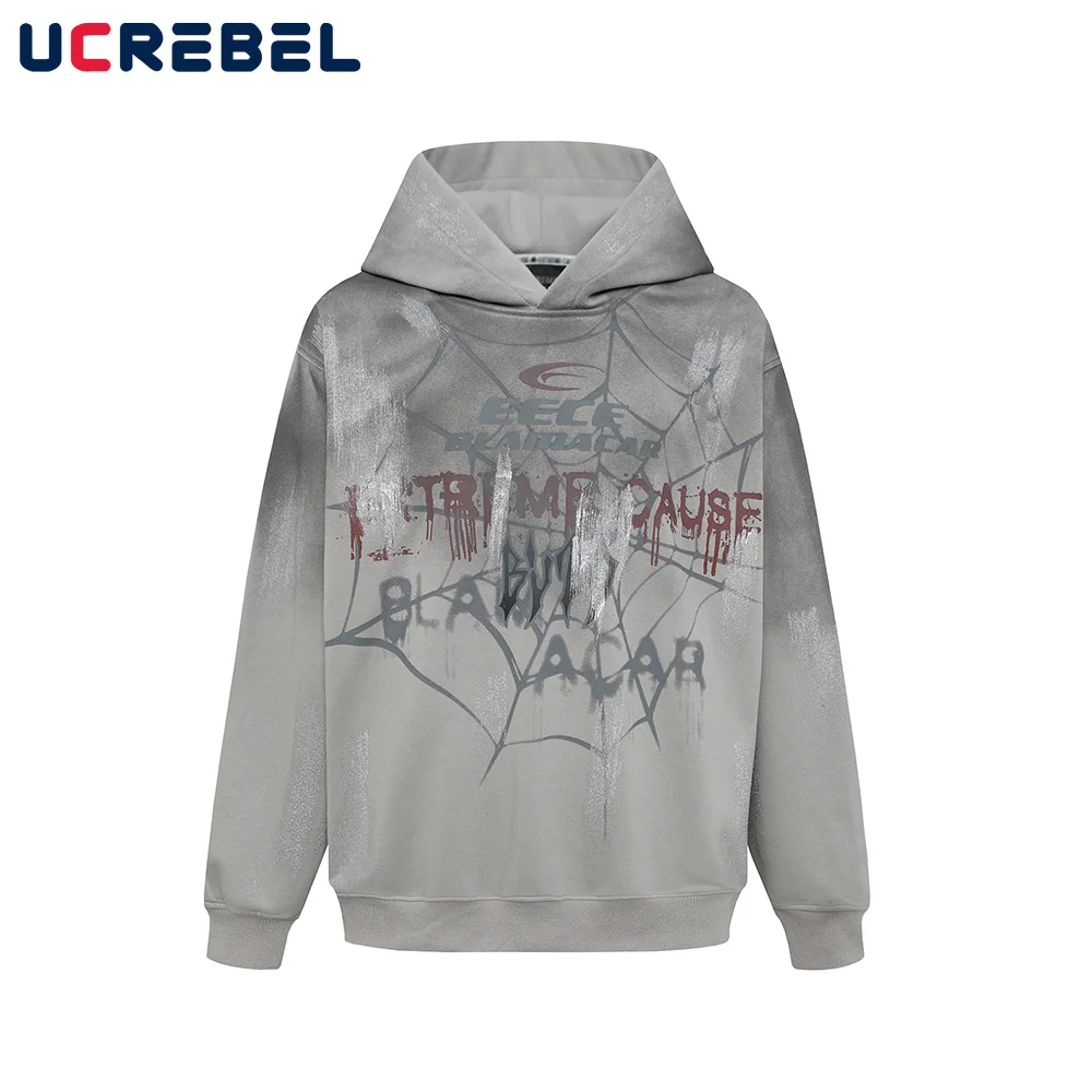 

Spider Web Print Hooded Sweatshirts Mens High Street Distressed Drop Shoulder Long Sleeve Hoodies Men